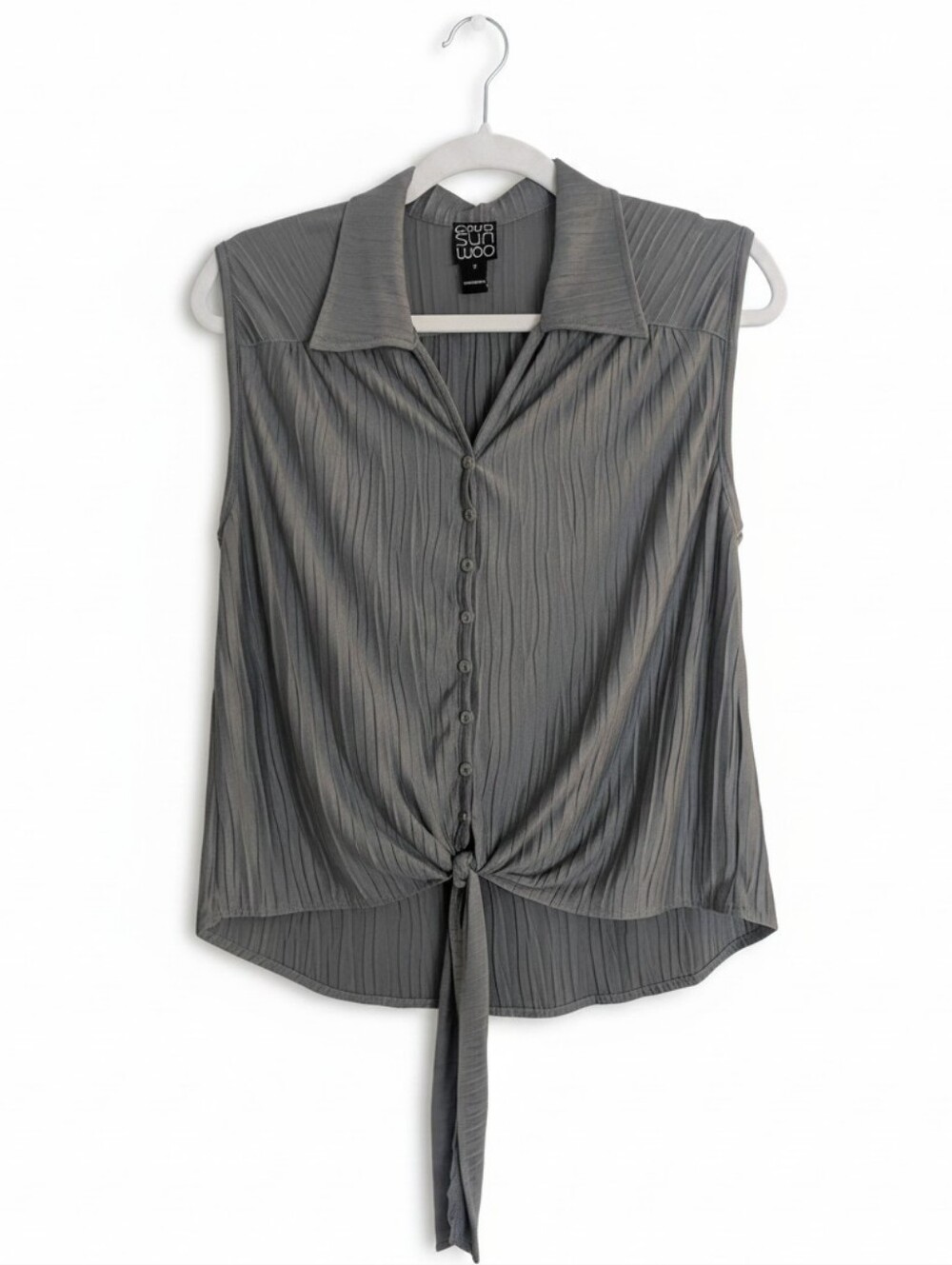 Clara Sun Woo Womens Olive Soft Pleat Knit Sleeveless Tie Front Blouse Top Sz S